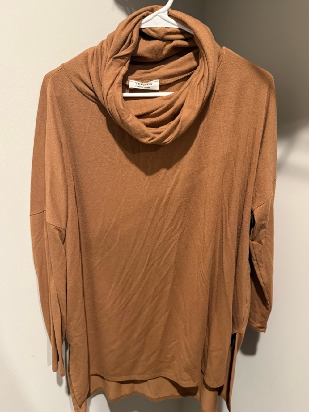 Zenana Outfitters Cowl Neck Tunic Sweater - Camel